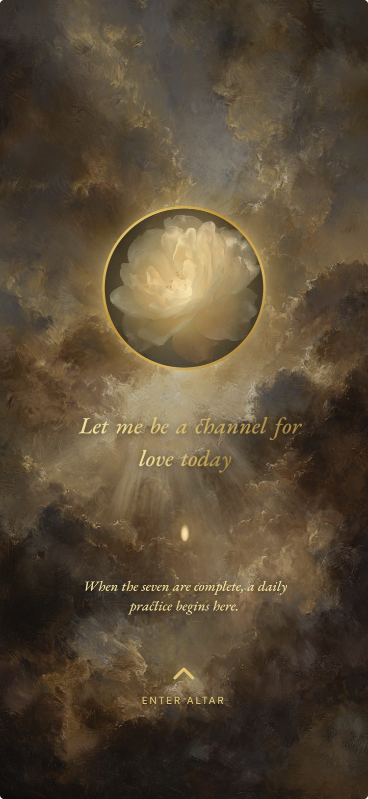 The Realize altar — a luminous bloom in a gold ring on a painterly sky, with a phrase to return to.