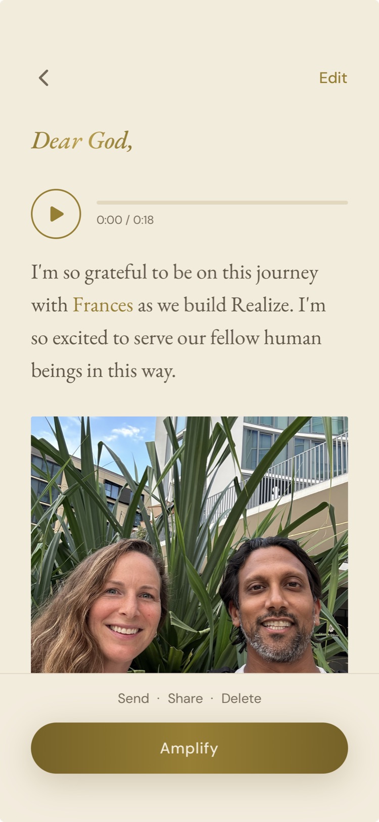 A love note in Realize that opens with 'Dear God,' alongside a voice recording, a written reflection, and a photo.